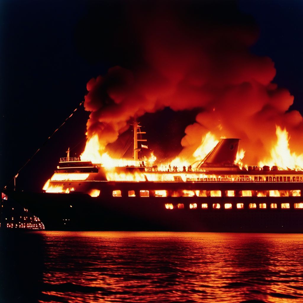 Burn due to passenger ship on fire digital illustration