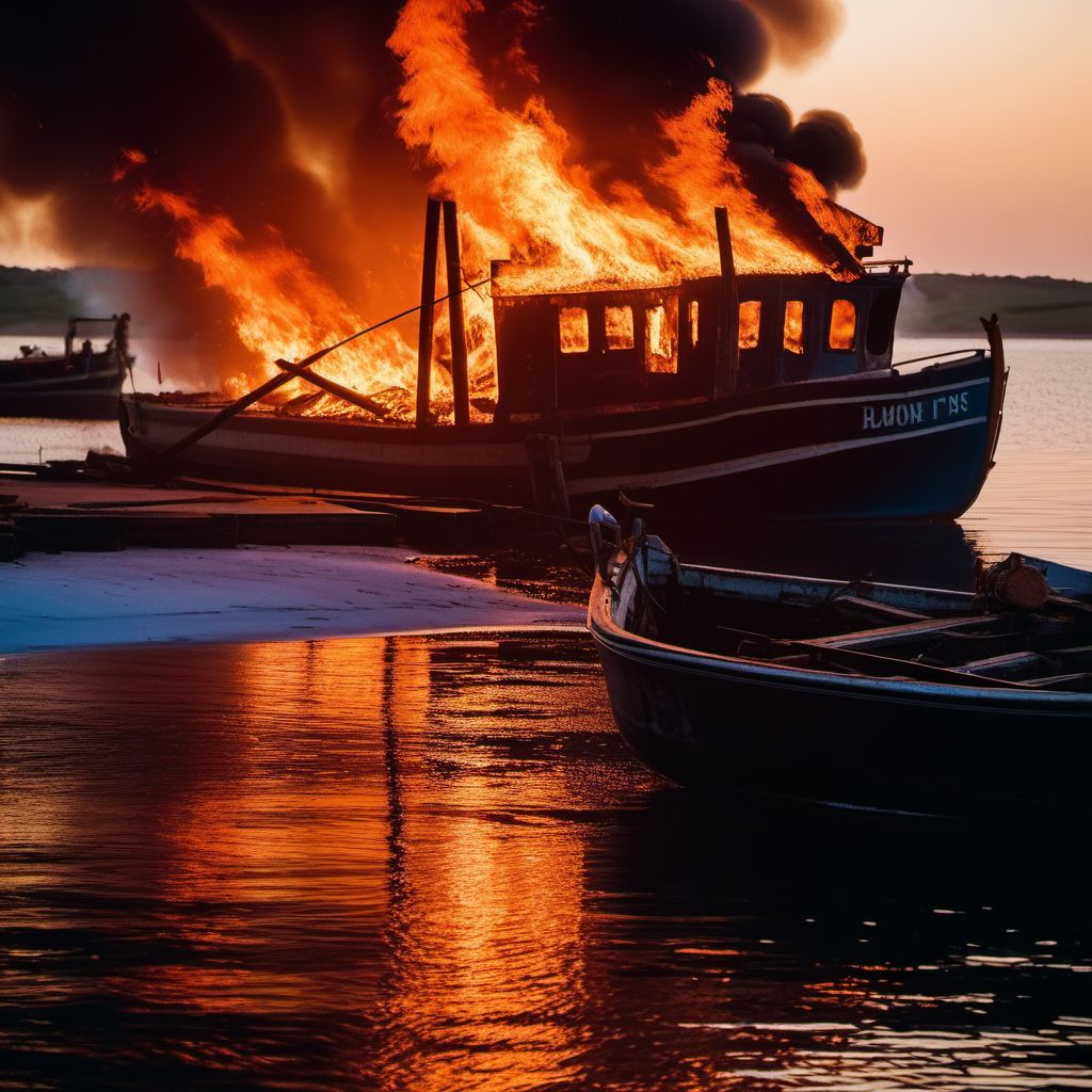 Burn due to fishing boat on fire digital illustration