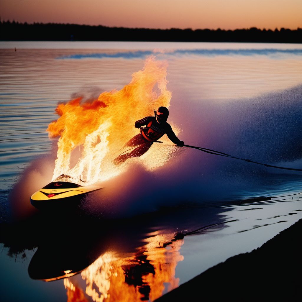 Burn due to water-skis on fire digital illustration