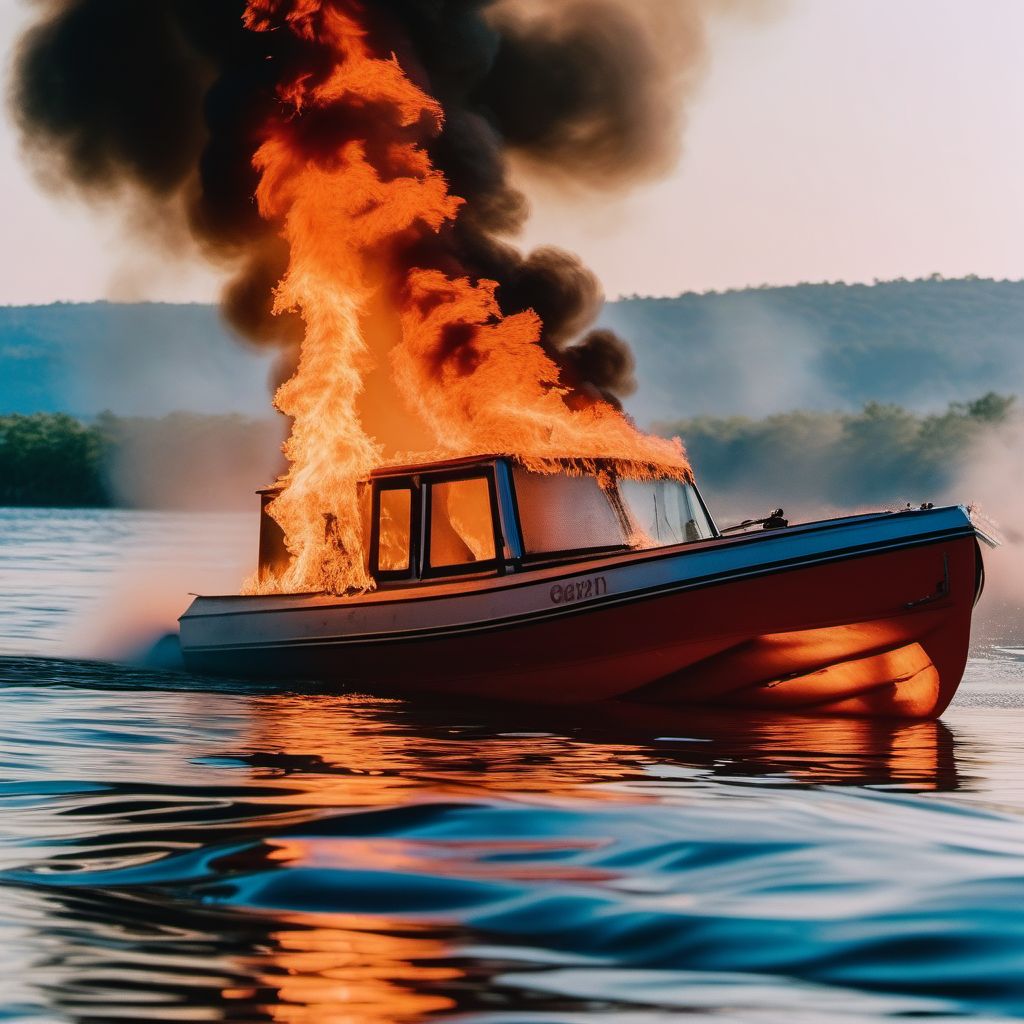 Burn due to other unpowered watercraft on fire digital illustration
