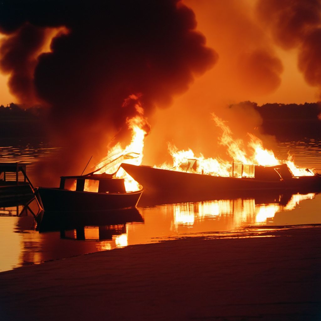 Burn due to unspecified watercraft on fire digital illustration