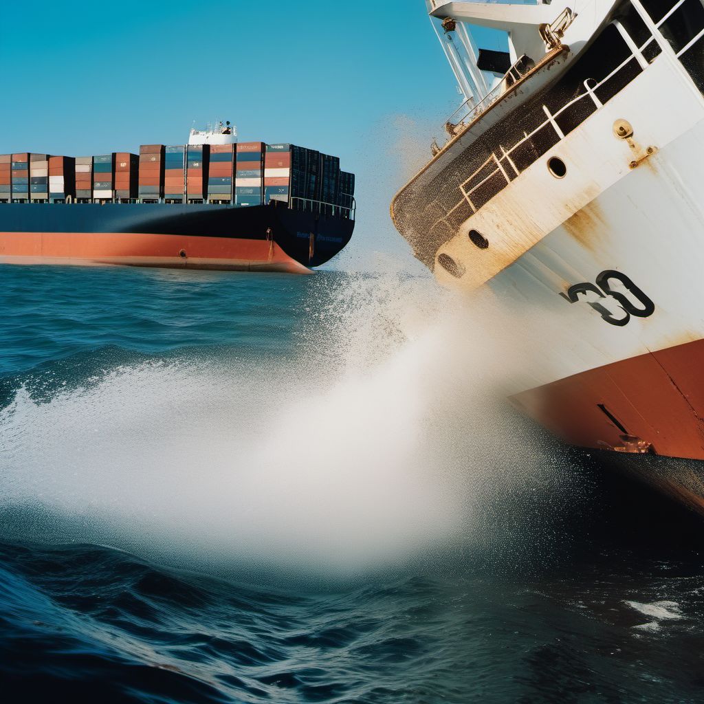 Crushed between merchant ship and other watercraft or other object due to collision digital illustration