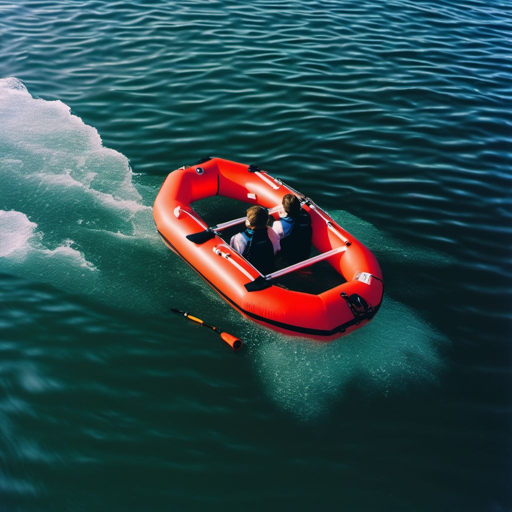 Drowning and submersion due to being thrown overboard by motion of (nonpowered) inflatable craft digital illustration