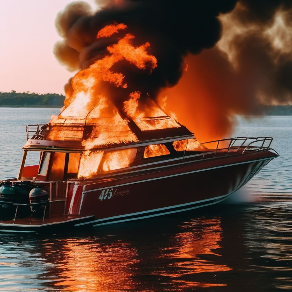 Burn due to localized fire on board watercraft digital illustration