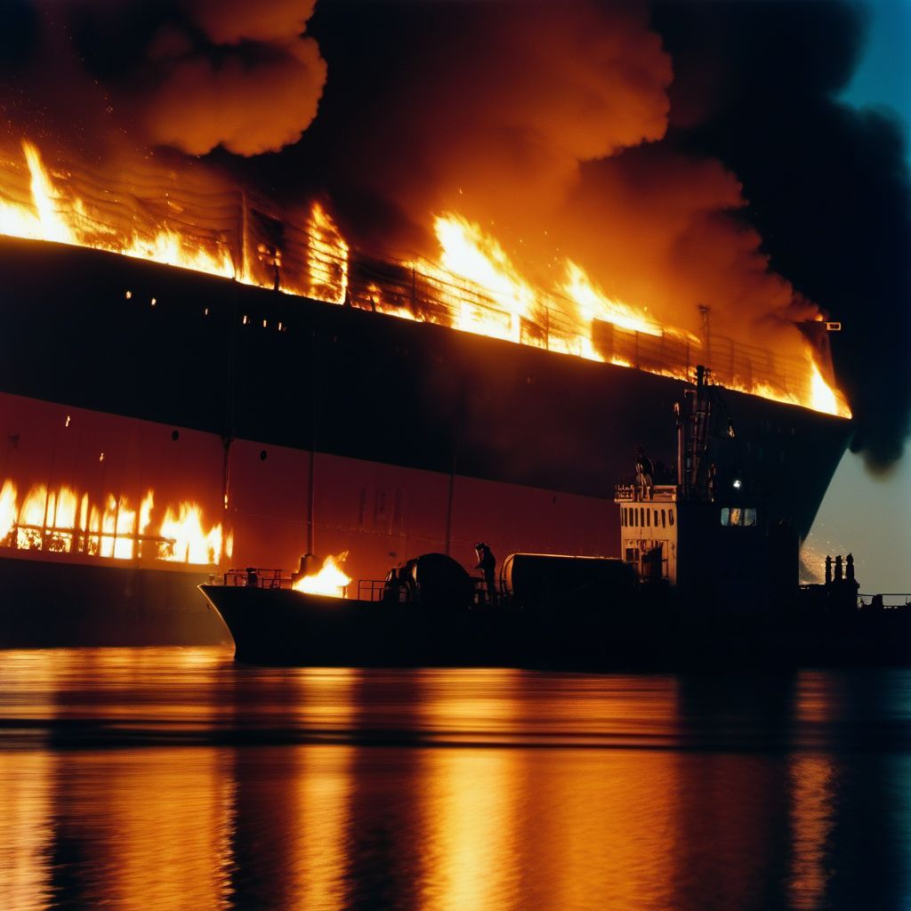 Burn due to localized fire on board merchant vessel digital illustration