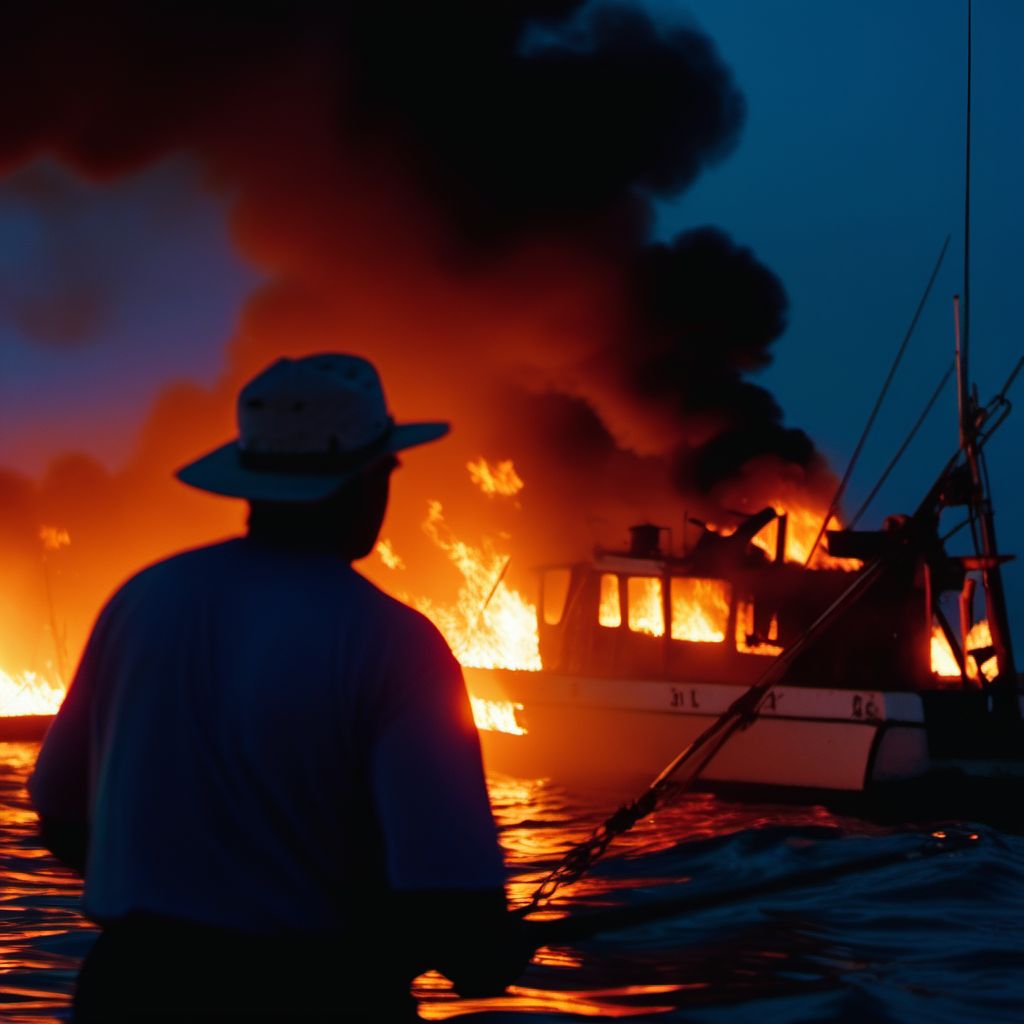Burn due to localized fire on board fishing boat digital illustration