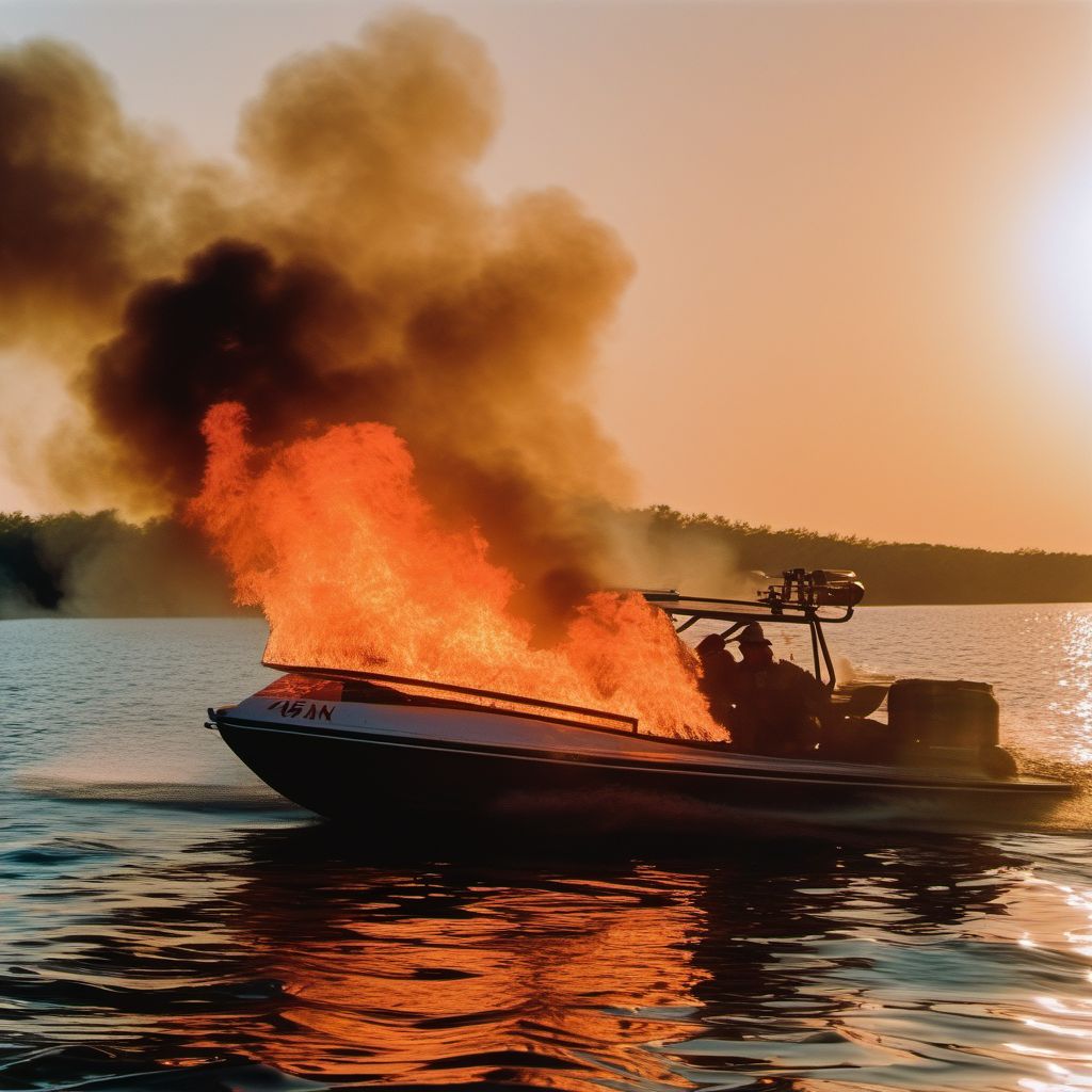 Burn due to localized fire on board other powered watercraft digital illustration