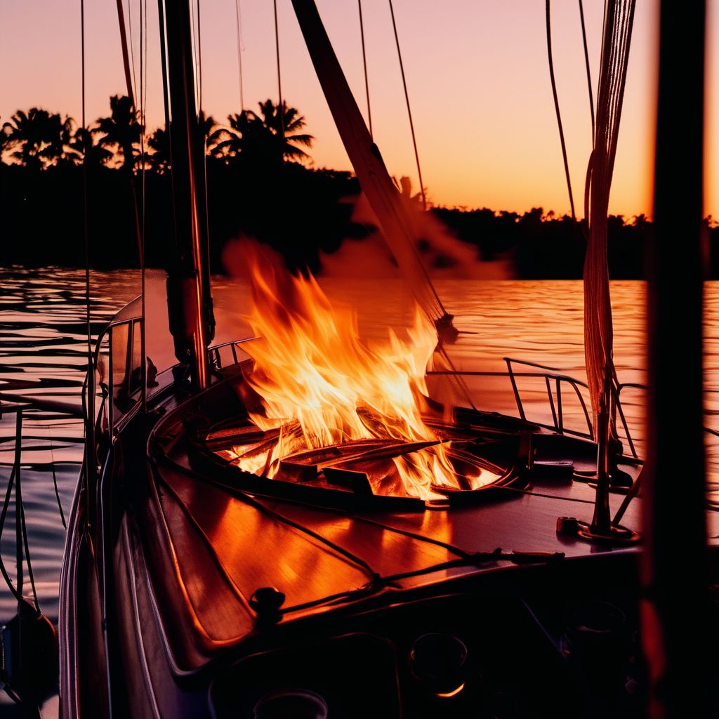 Burn due to localized fire on board sailboat digital illustration