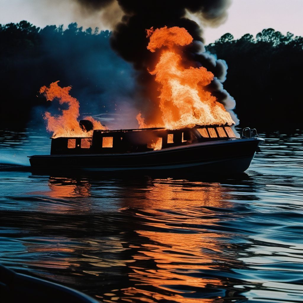 Burn due to localized fire on board unspecified watercraft digital illustration