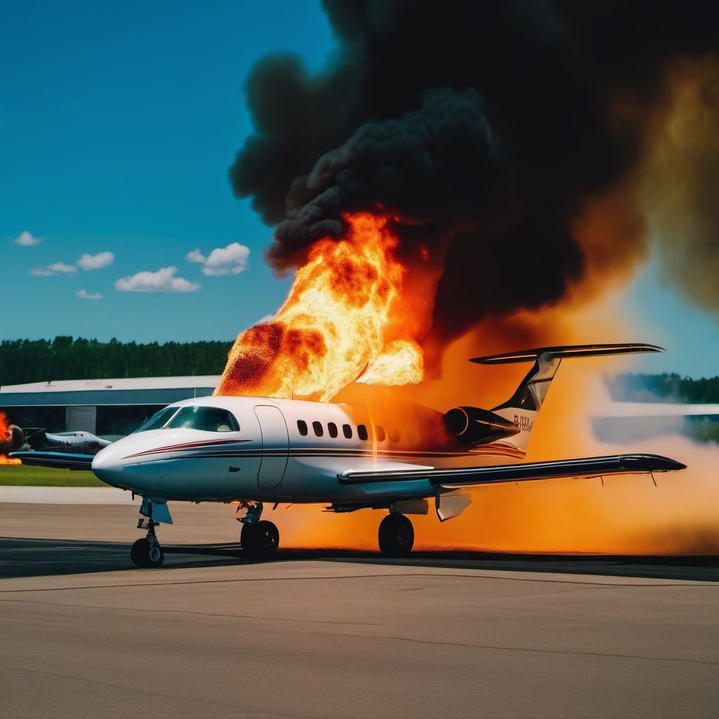 Commercial fixed-wing aircraft fire injuring occupant digital illustration