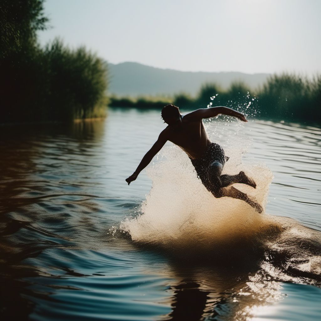 Jumping or diving into natural body of water striking water surface causing drowning and submersion digital illustration