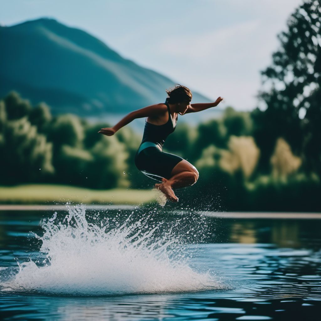 Jumping or diving into natural body of water striking water surface causing other injury digital illustration