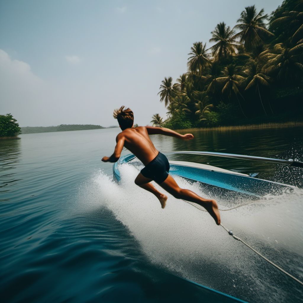 Jumping or diving from boat striking water surface digital illustration