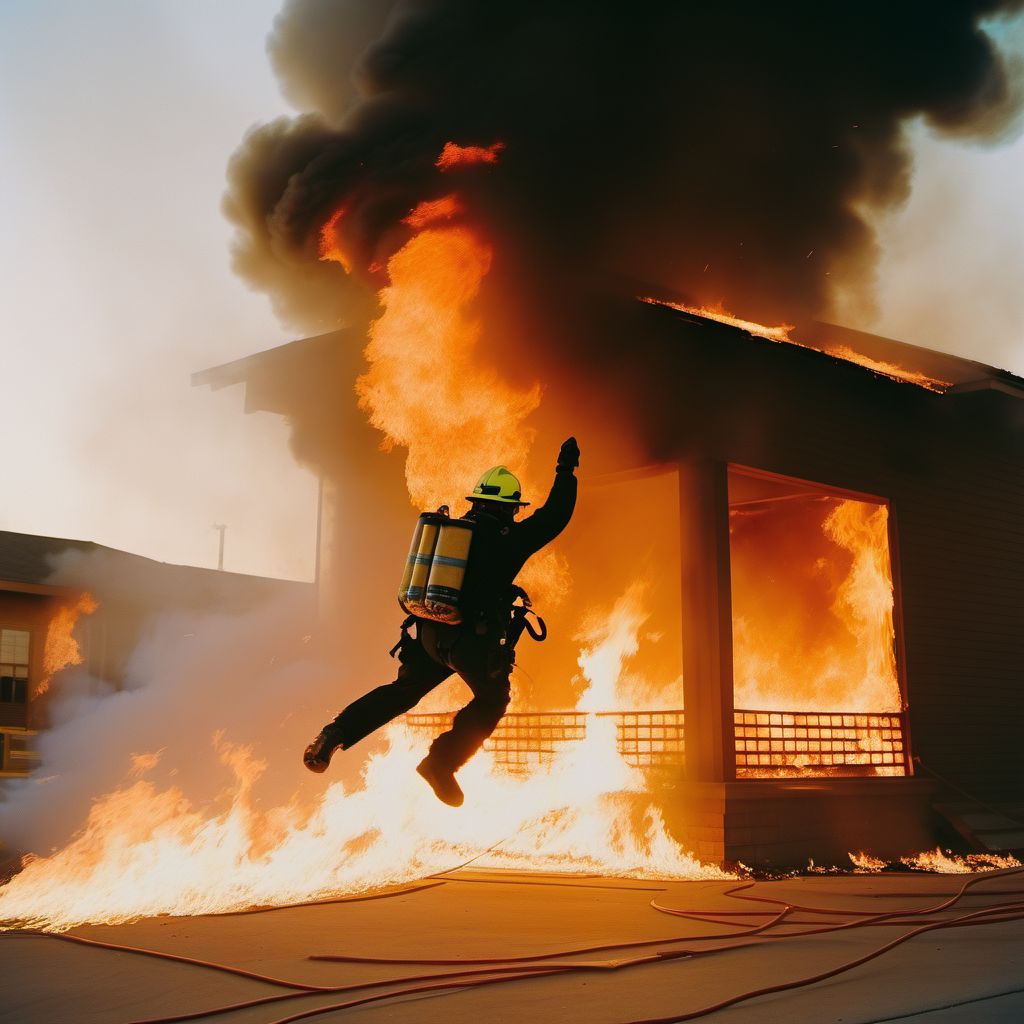 Jump from burning building or structure in controlled fire digital illustration