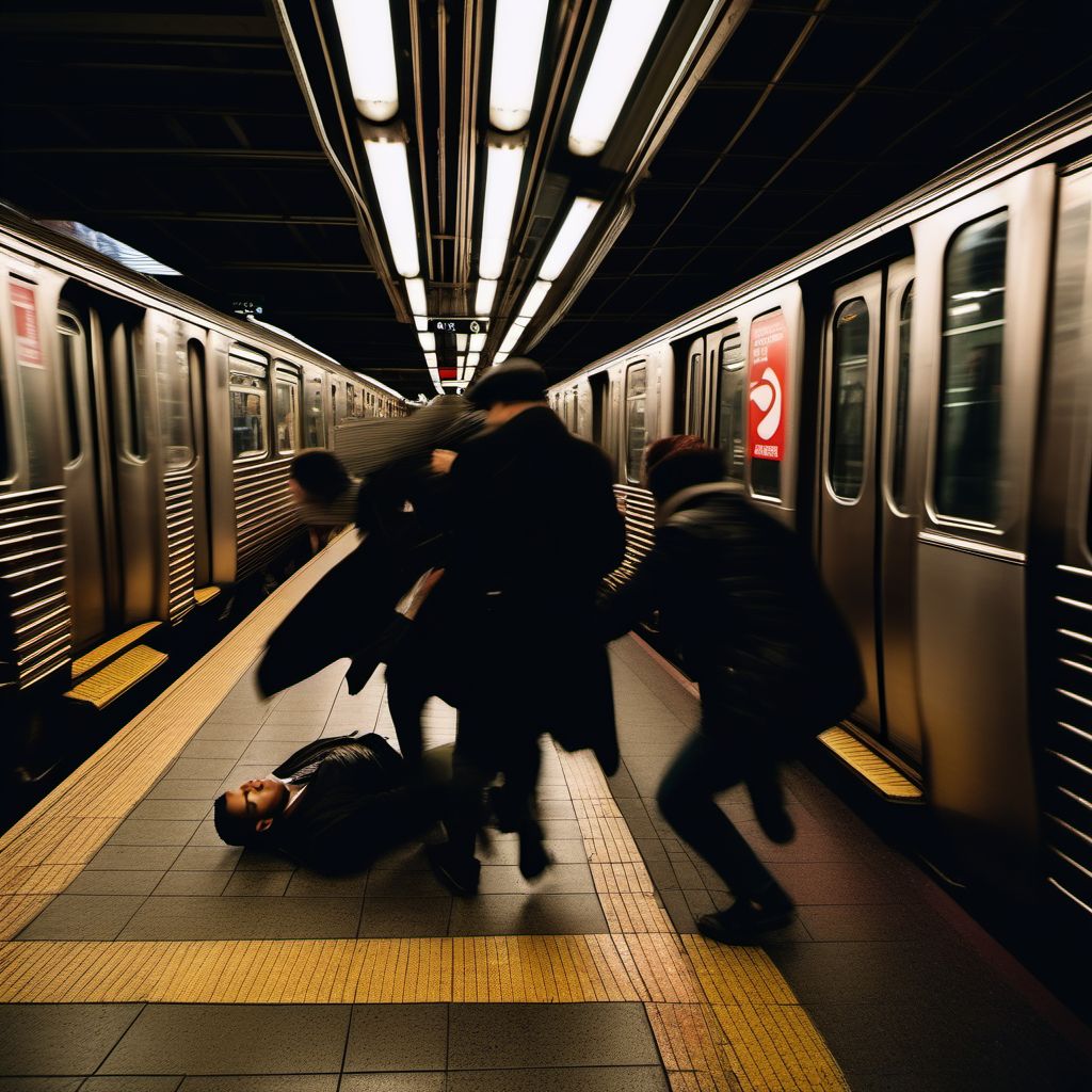 Assault by pushing or placing victim in front of (subway) train digital illustration