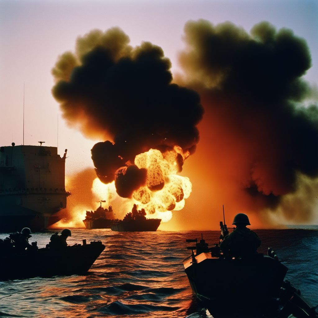 War operations involving explosion of marine weapons digital illustration