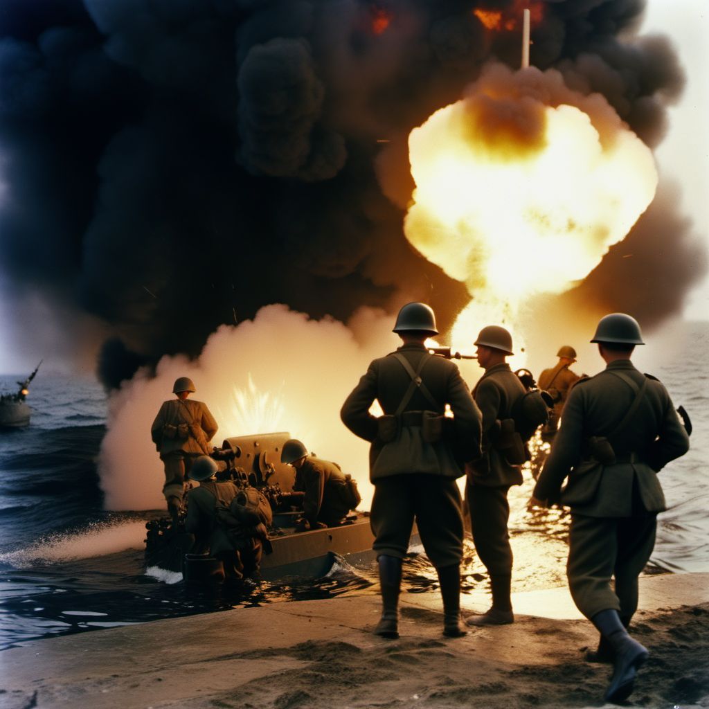 War operations involving explosion of depth-charge, military personnel digital illustration