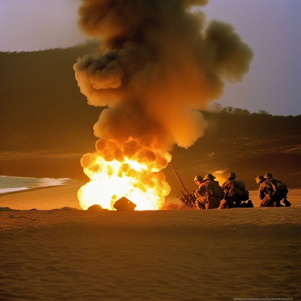 War operations involving explosion of marine mine, military personnel digital illustration