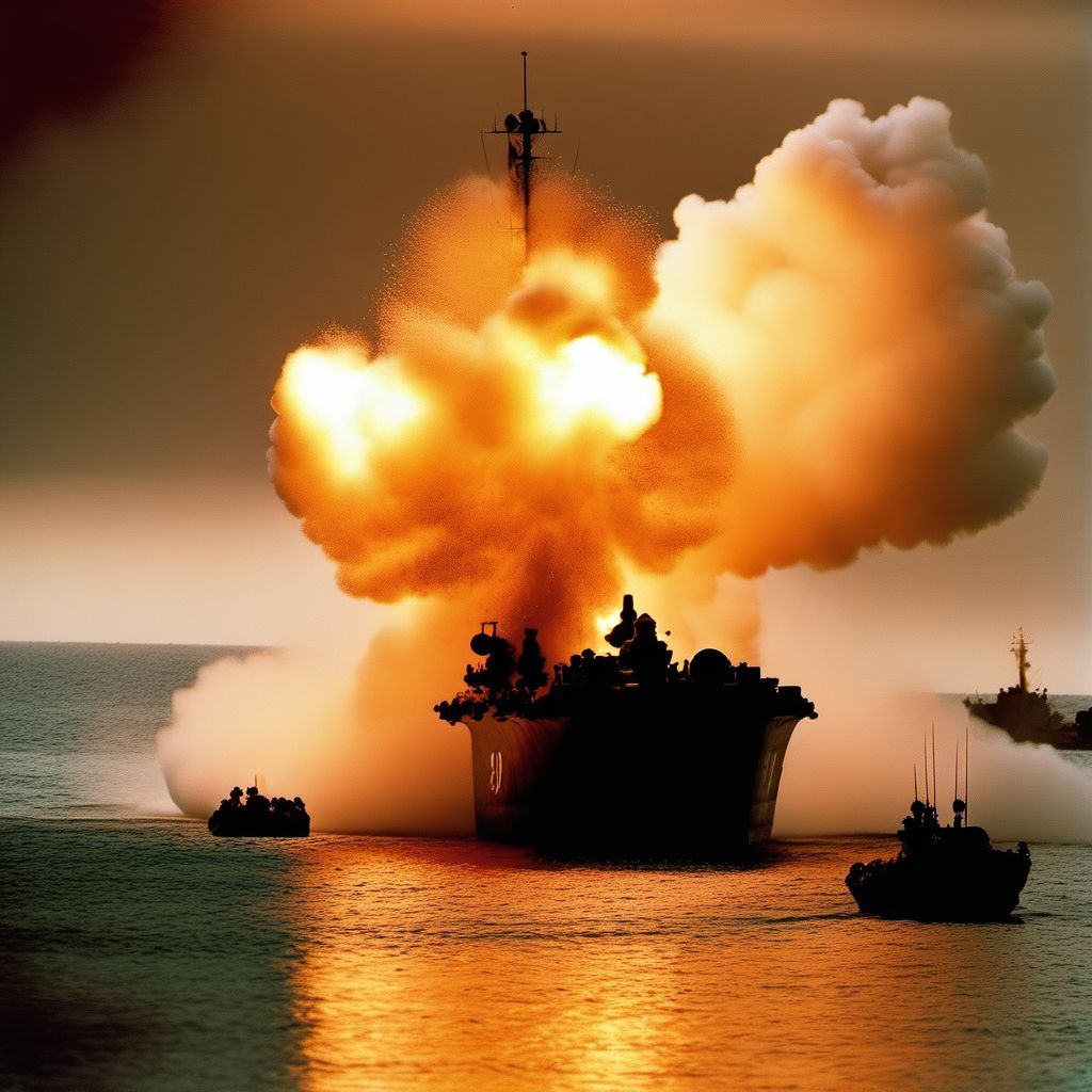 War operations involving explosion of sea-based artillery shell digital illustration