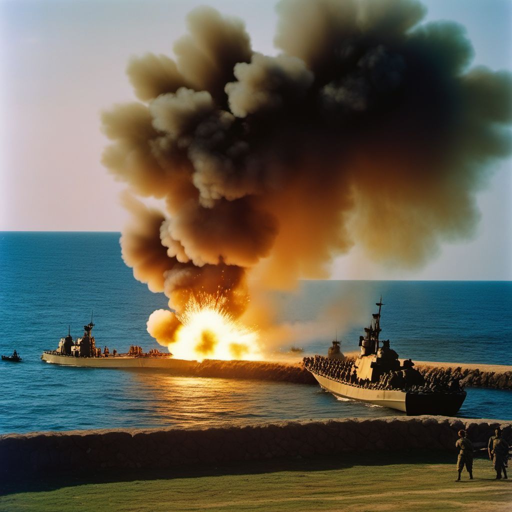 War operations involving explosion of sea-based artillery shell, civilian digital illustration