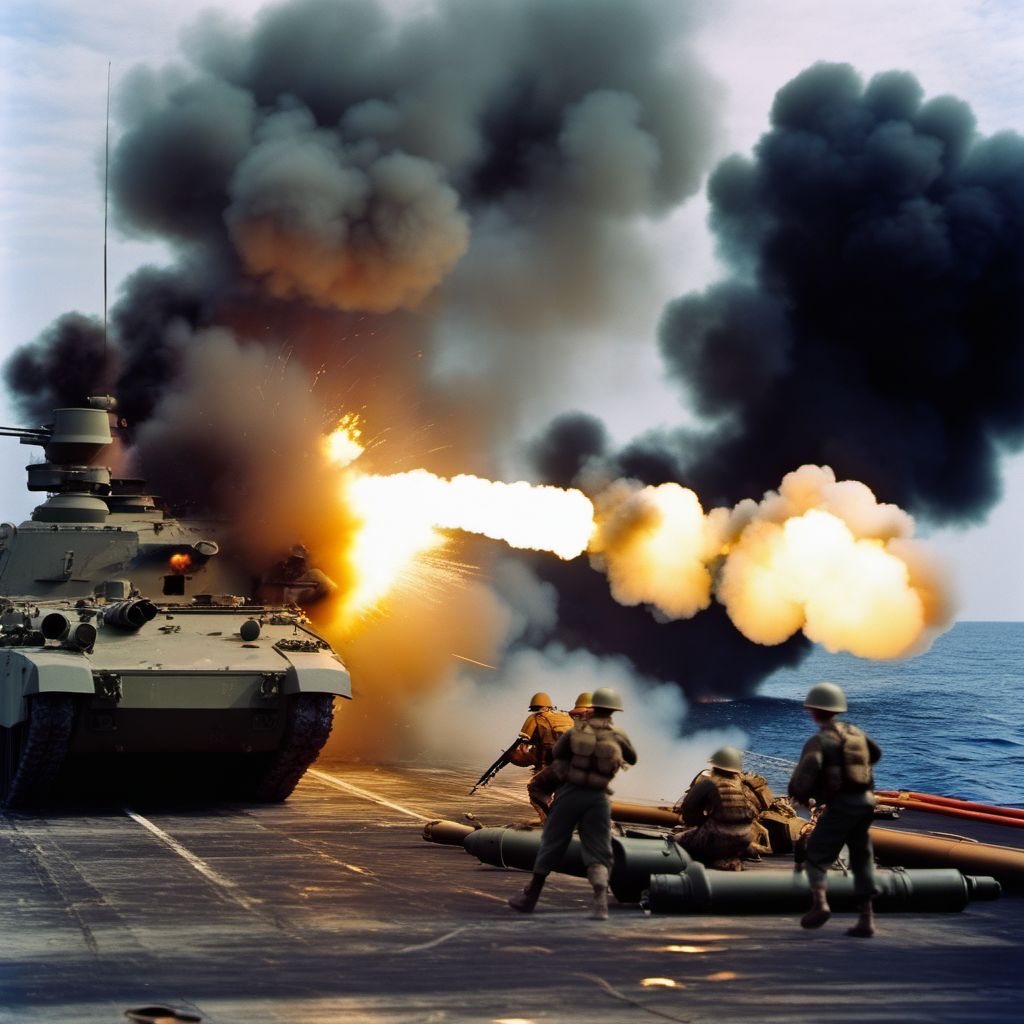 War operations involving accidental detonation of onboard marine weapons, military personnel digital illustration