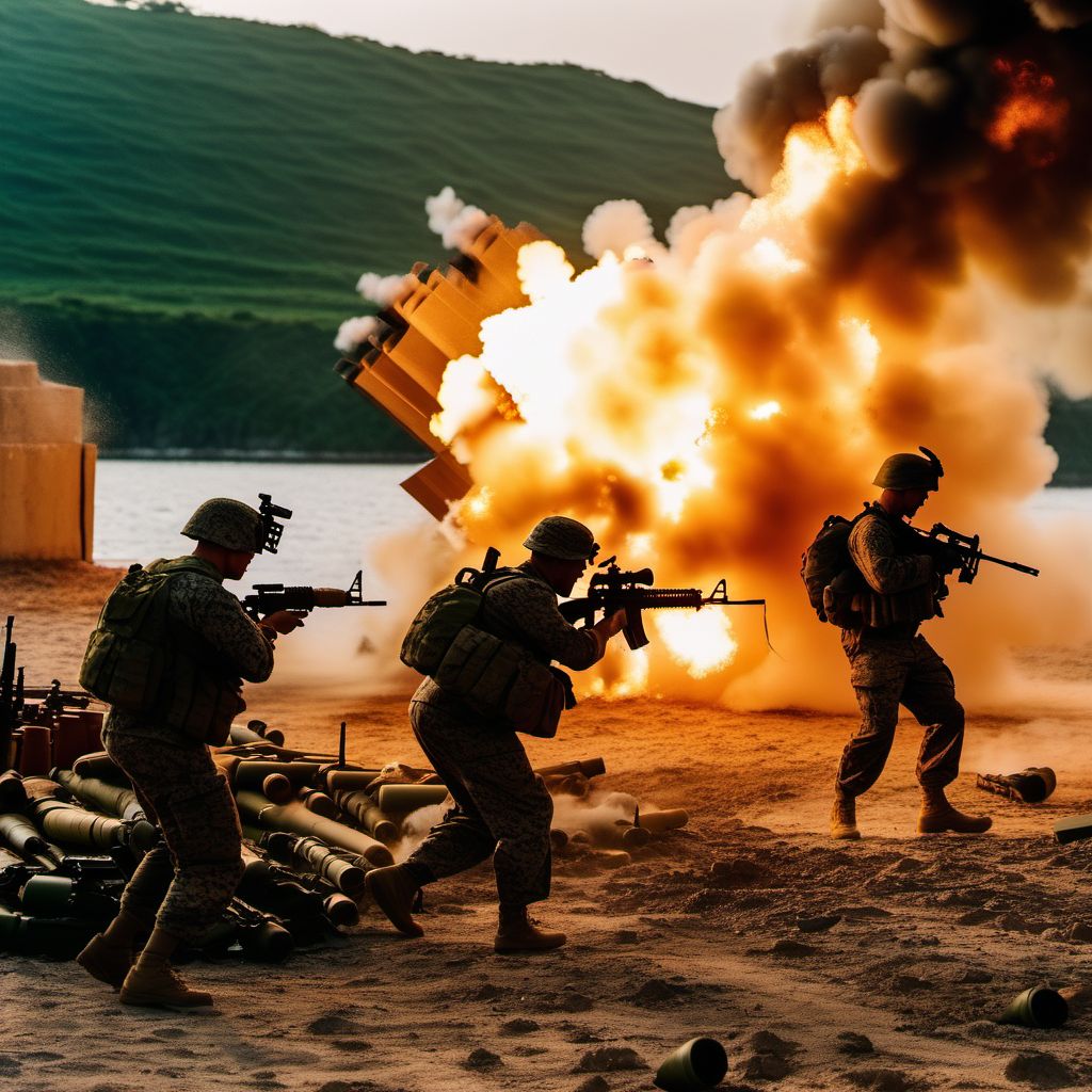 War operations involving explosion of other marine weapons, military personnel digital illustration