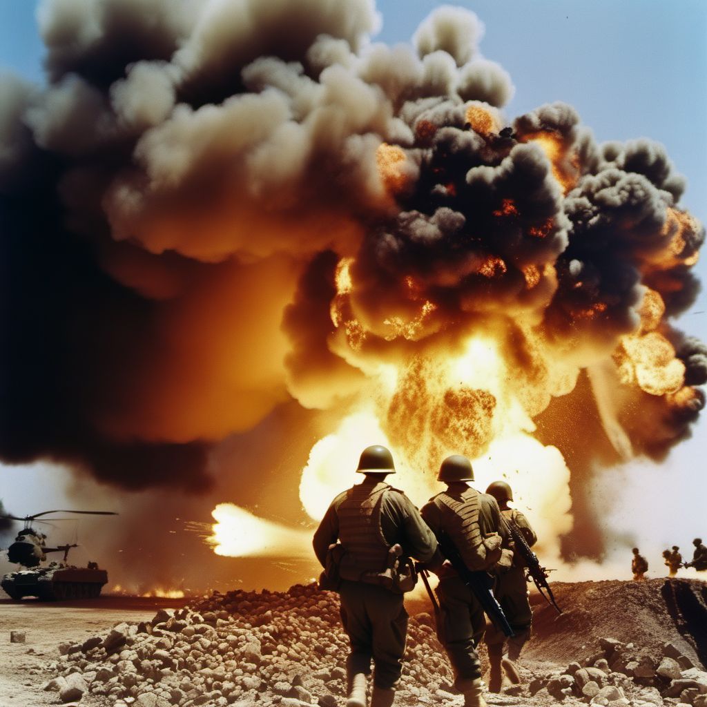 War operations involving explosion of aerial bomb, military personnel digital illustration