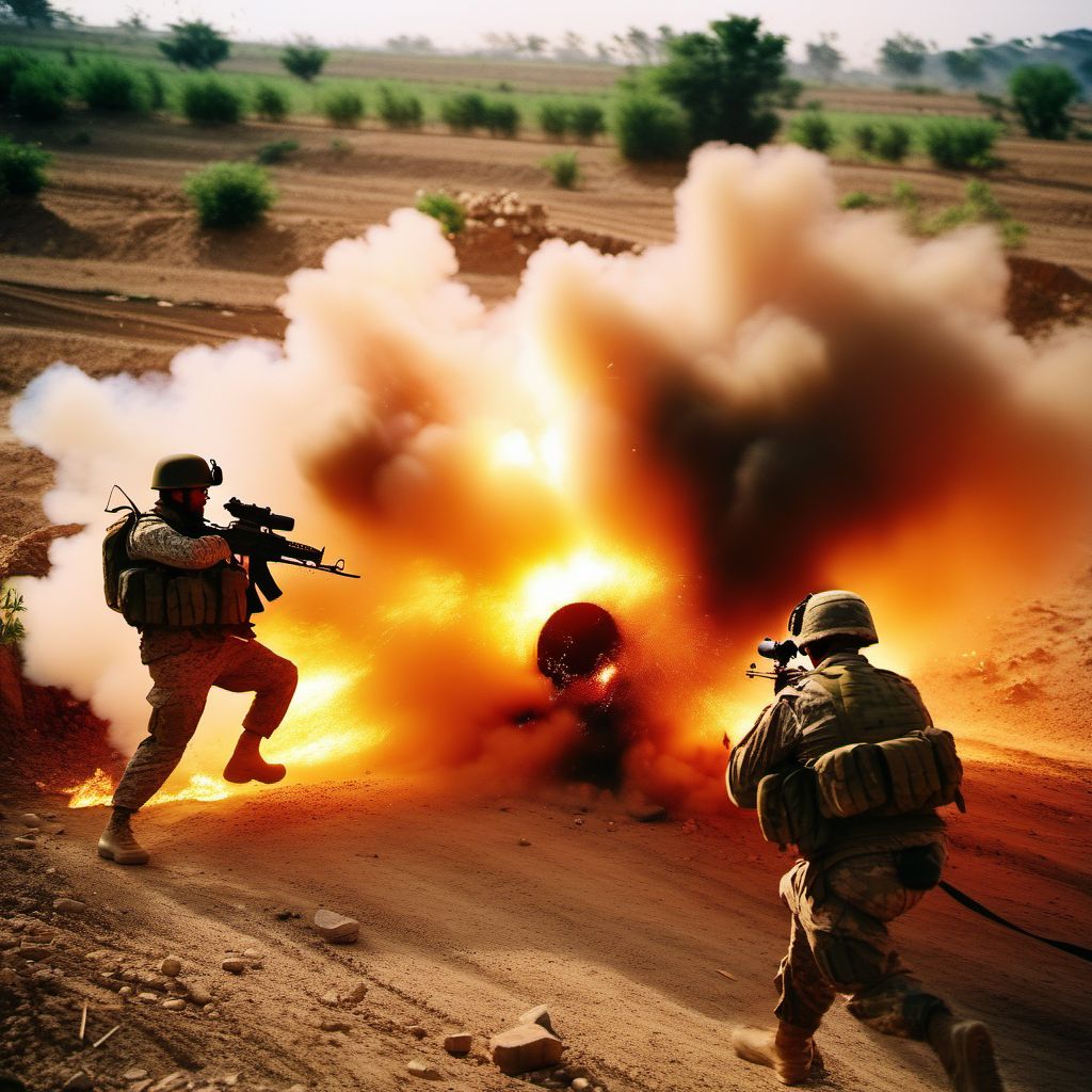 War operations involving explosion of improvised explosive device [IED], military personnel digital illustration