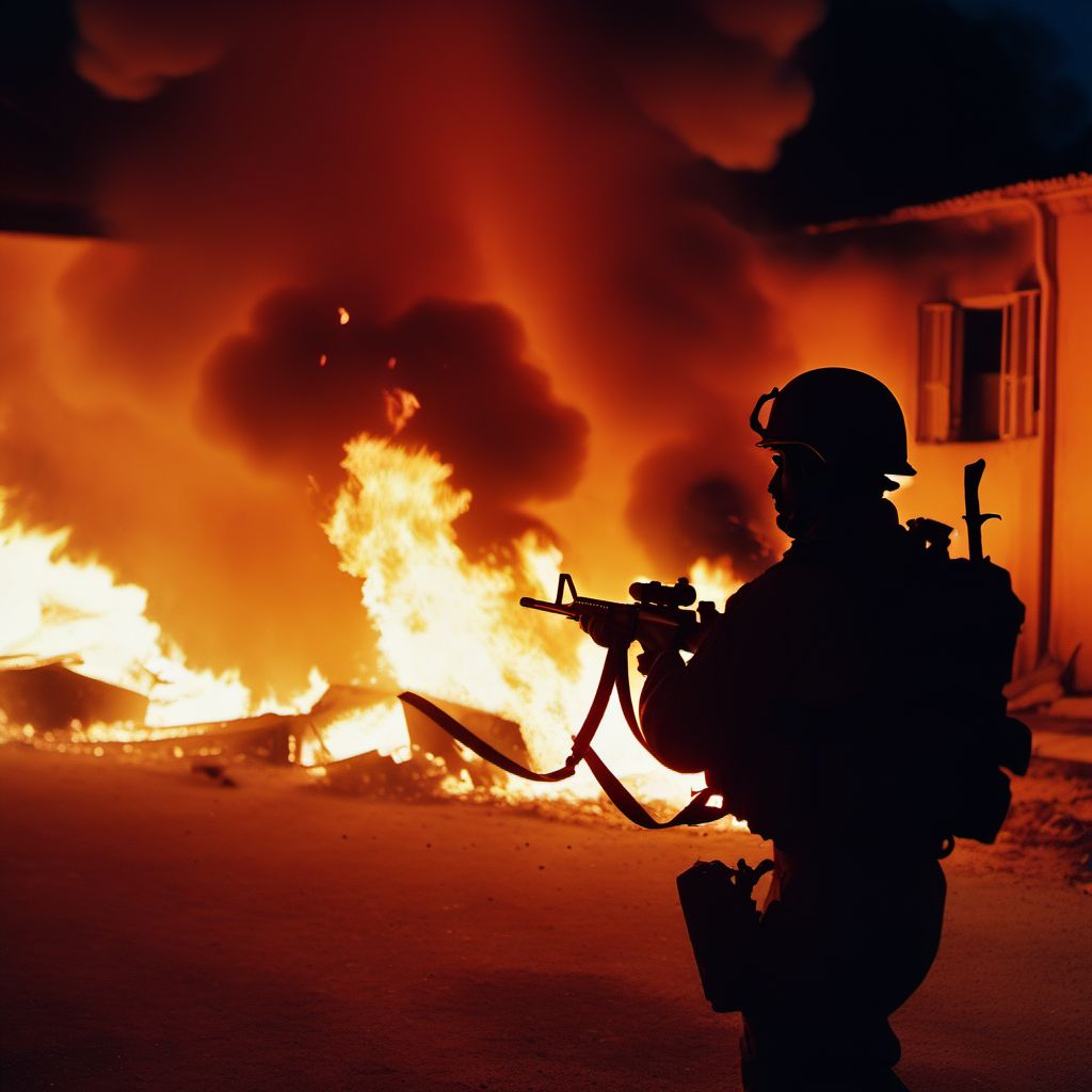 War operations involving unspecified fire, conflagration and hot substance, military personnel digital illustration