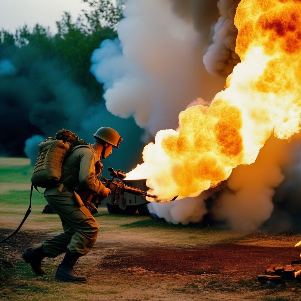 War operations involving flamethrower, military personnel digital illustration