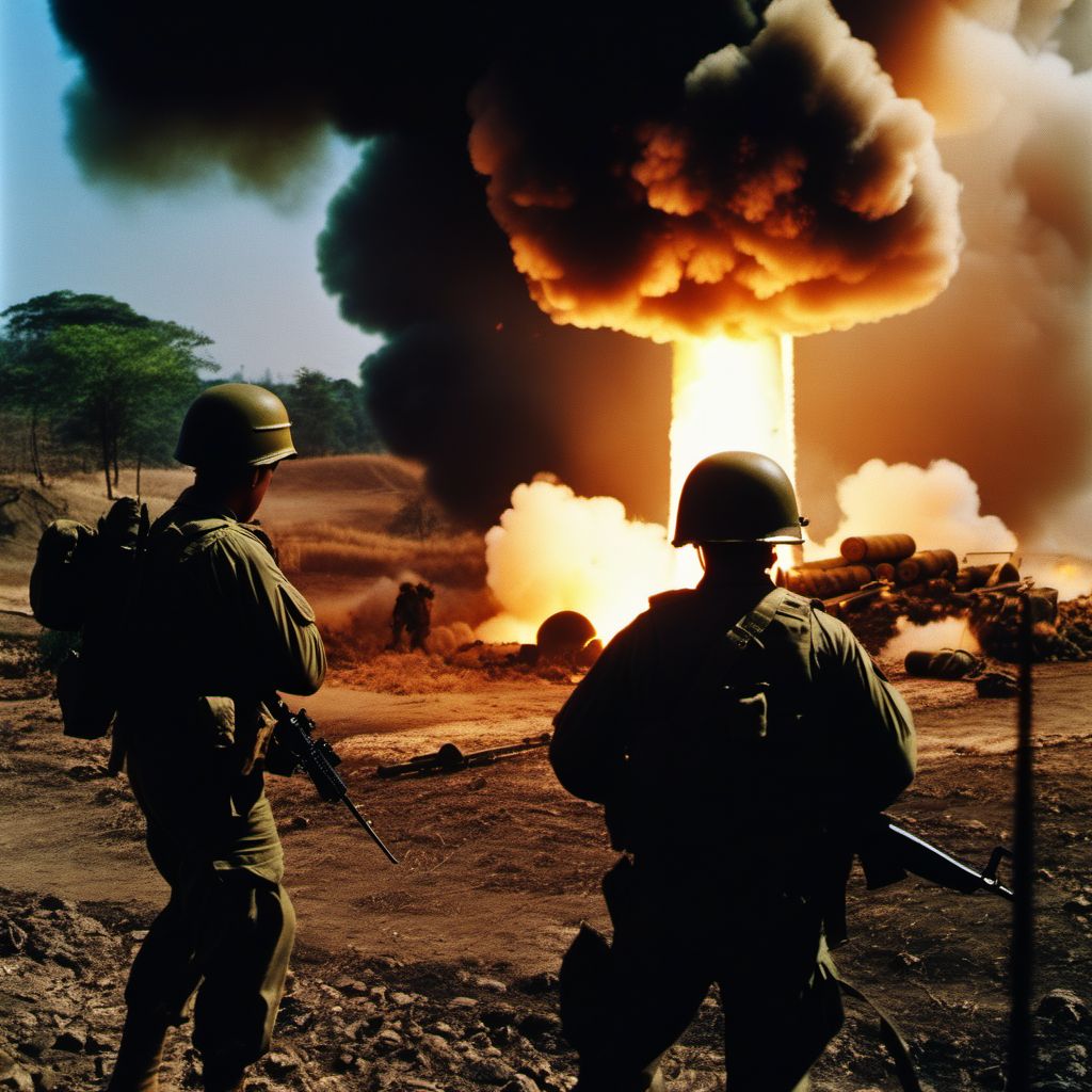 War operations involving direct blast effect of nuclear weapon, military personnel digital illustration