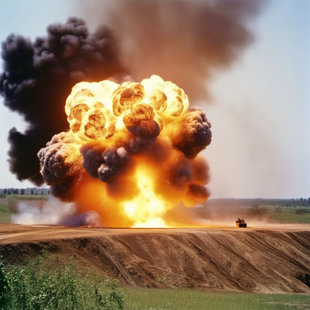 Explosion of mine placed during war operations but exploding after cessation of hostilities, military personnel digital illustration