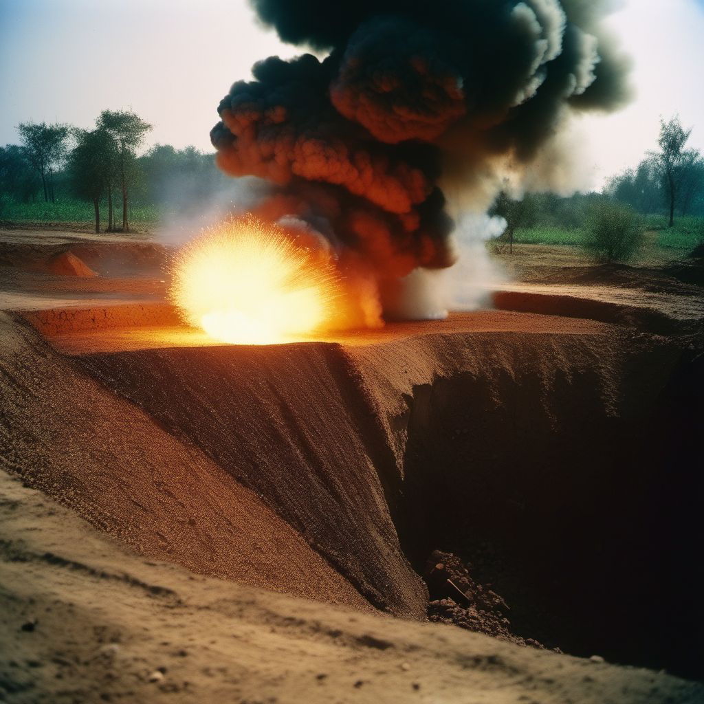 Explosion of mine placed during war operations but exploding after cessation of hostilities, civilian digital illustration