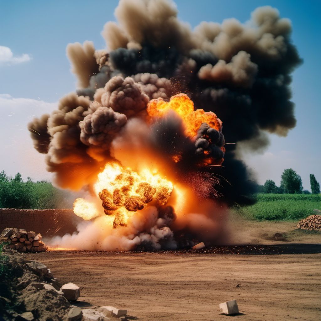 Explosion of bomb placed during war operations but exploding after cessation of hostilities, military personnel digital illustration