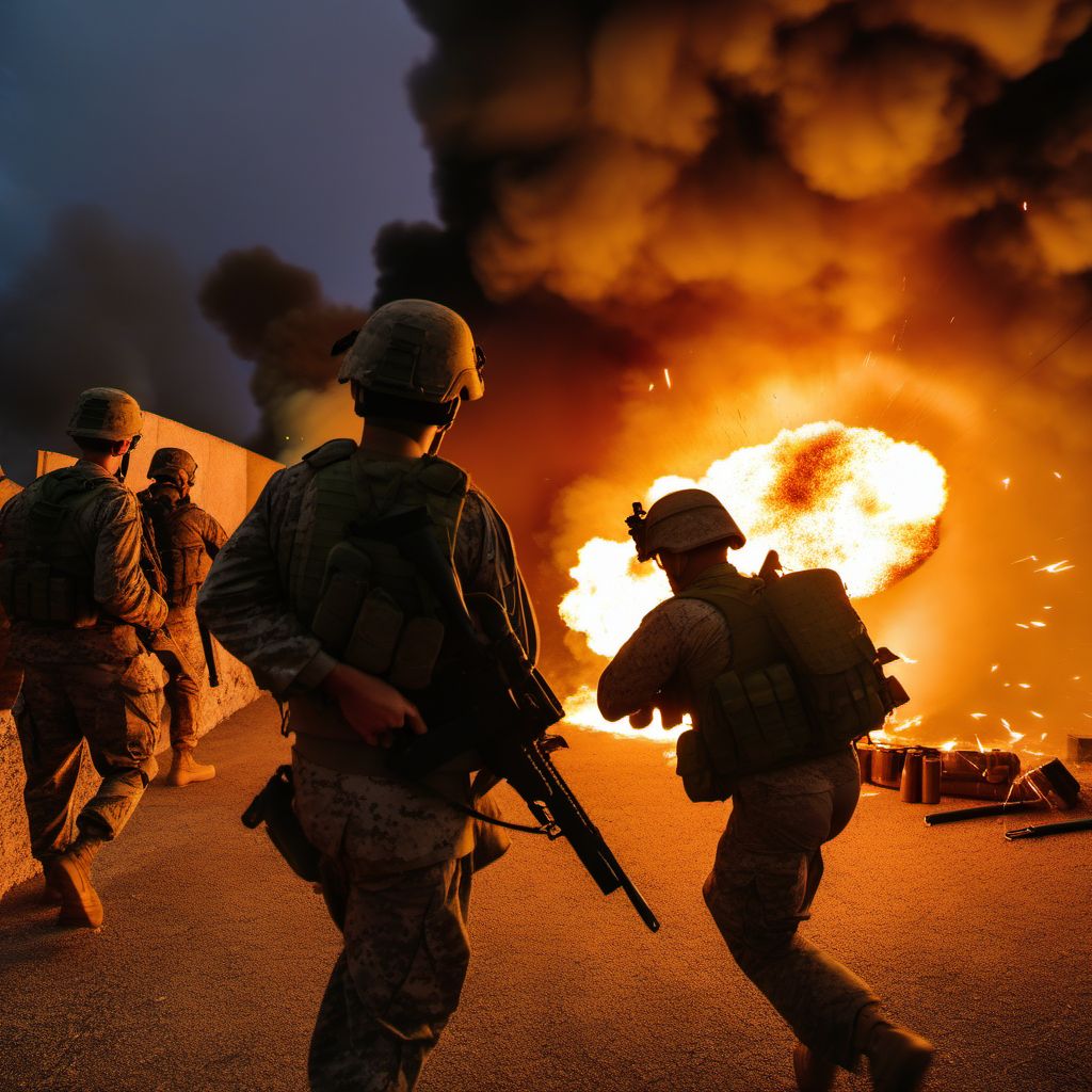 Military operations involving explosion of unspecified marine weapon, military personnel digital illustration