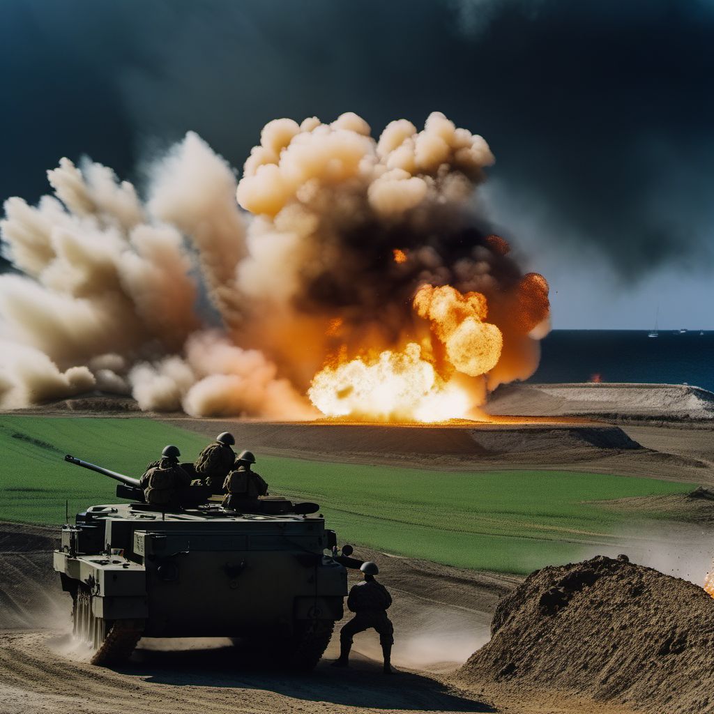 Military operations involving explosion of marine mine, military personnel digital illustration