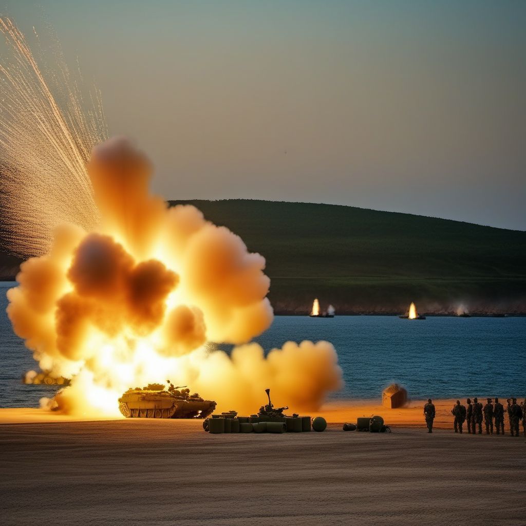 Military operations involving explosion of sea-based artillery shell digital illustration