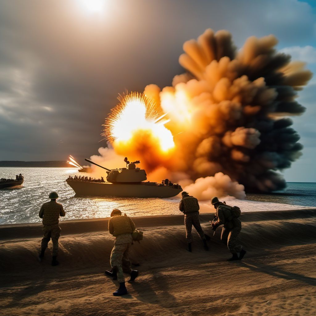 Military operations involving explosion of sea-based artillery shell, military personnel digital illustration