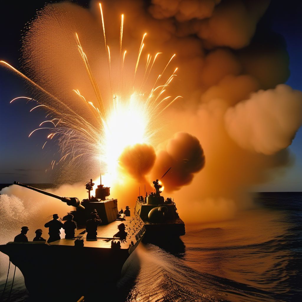 Military operations involving explosion of sea-based artillery shell, civilian digital illustration