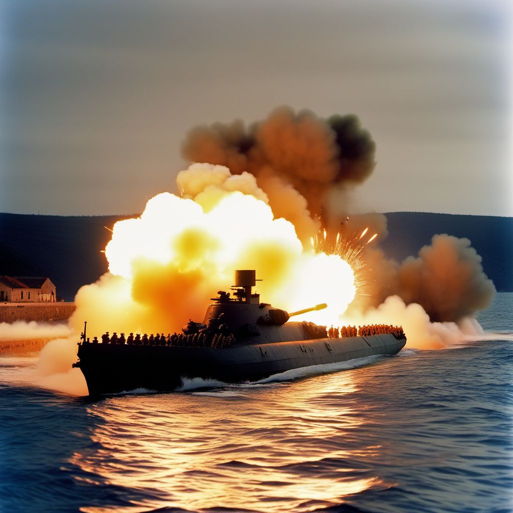 Military operations involving explosion of torpedo, military personnel digital illustration