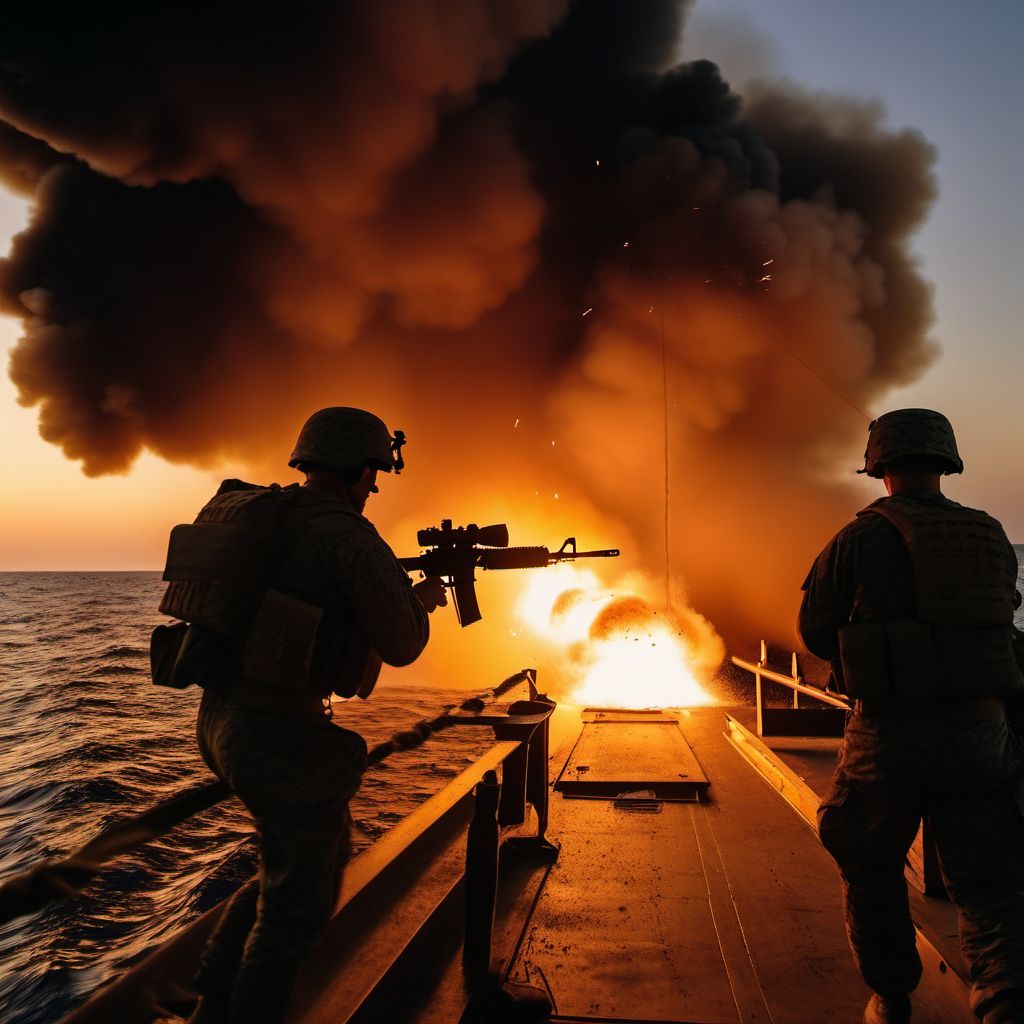 Military operations involving accidental detonation of onboard marine weapons digital illustration