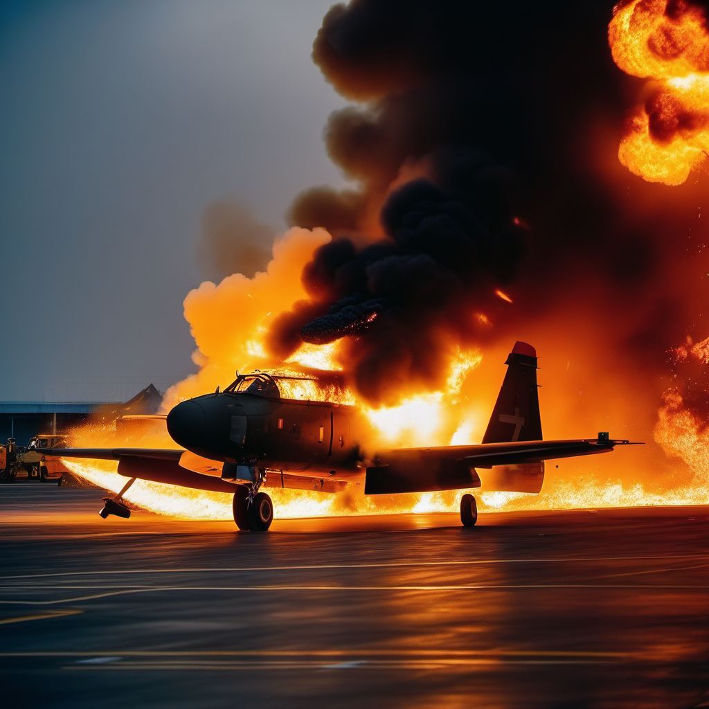 Military operations involving destruction of aircraft due to onboard fire digital illustration