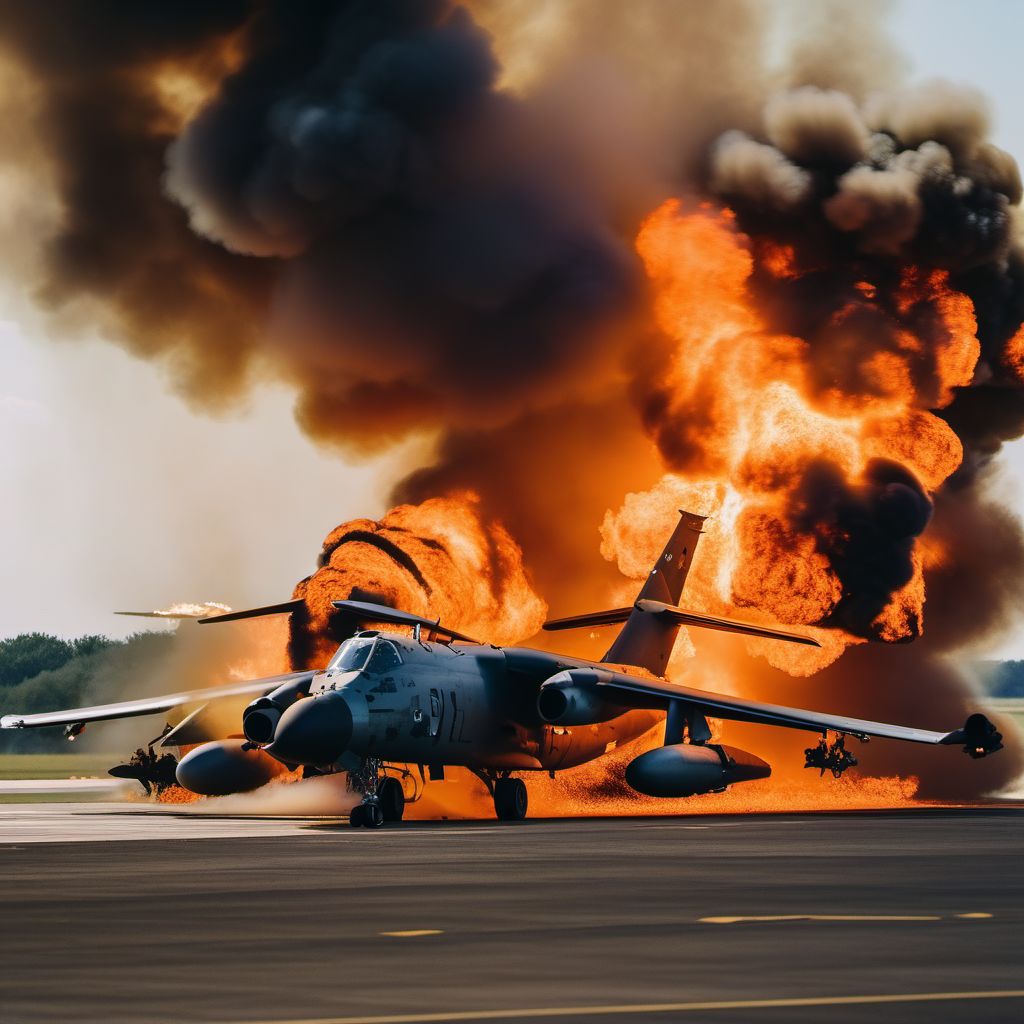 Military operations involving destruction of aircraft due to onboard fire, military personnel digital illustration