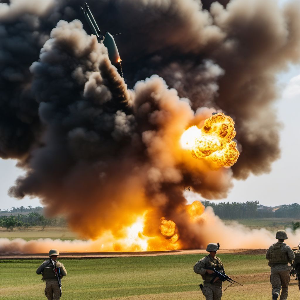 Military operations involving explosion of guided missile, military personnel digital illustration