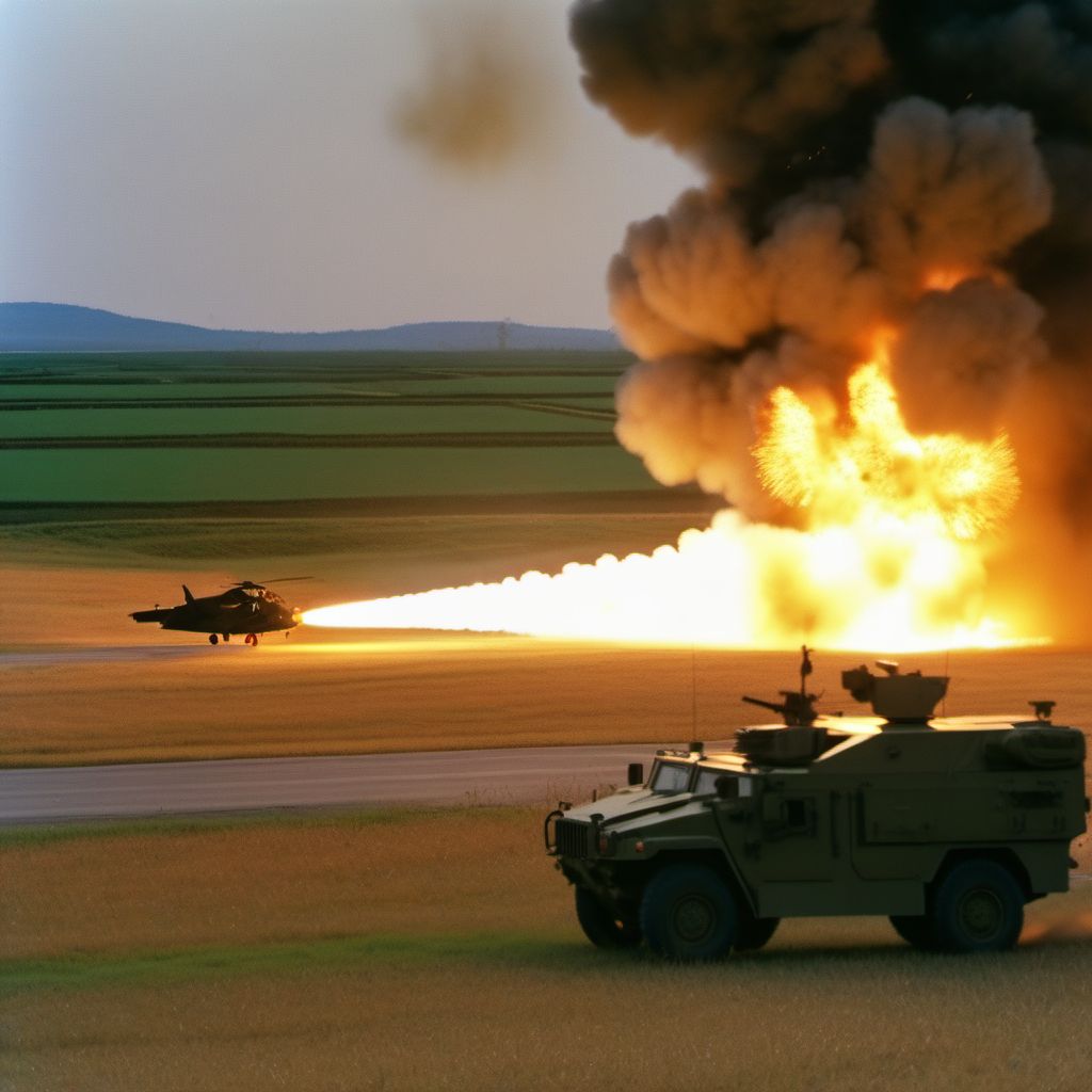 Military operations involving explosion of guided missile, civilian digital illustration