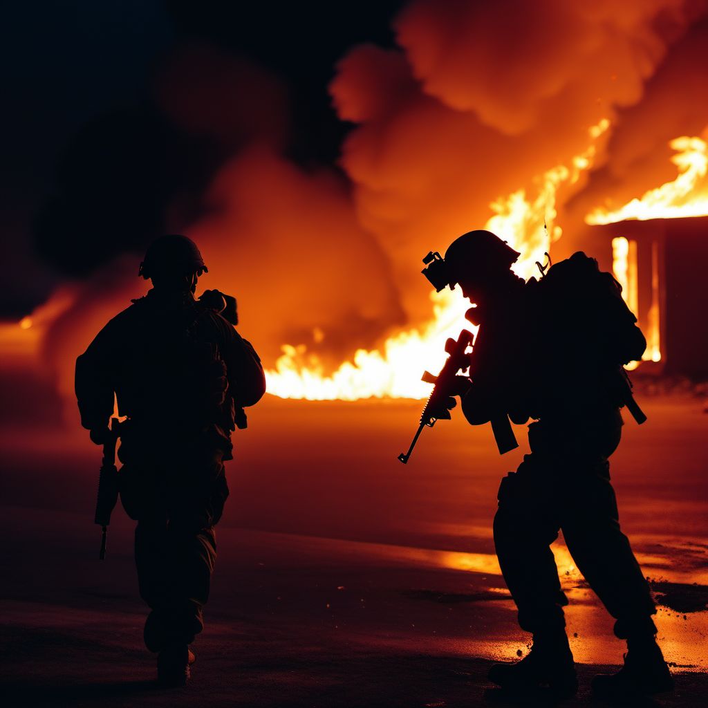 Military operations involving unspecified fire, conflagration and hot substance, military personnel digital illustration