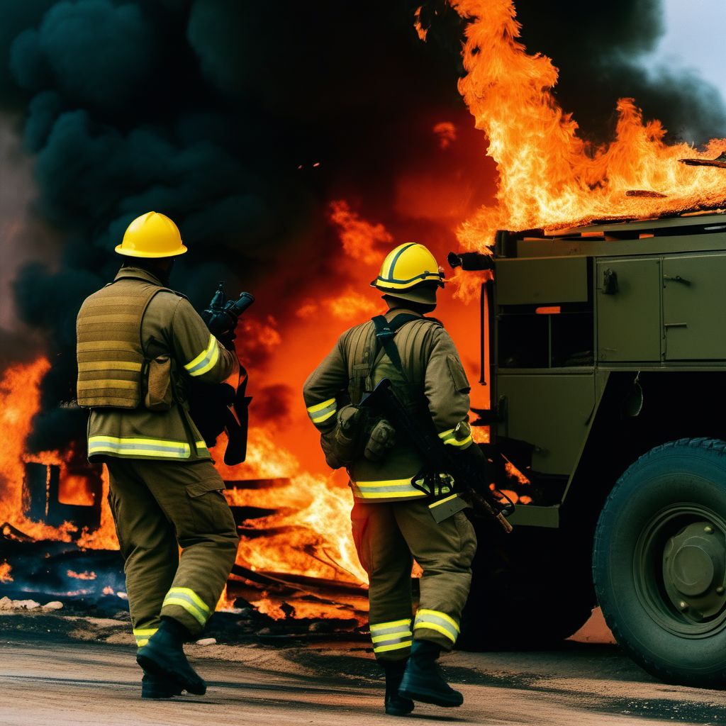 Military operations involving unspecified fire, conflagration and hot substance, civilian digital illustration