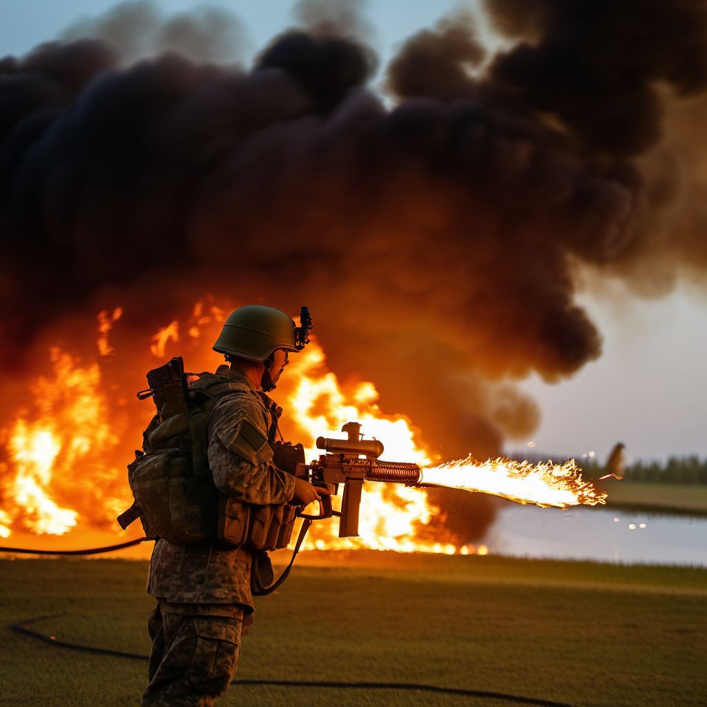 Military operations involving flamethrower, military personnel digital illustration