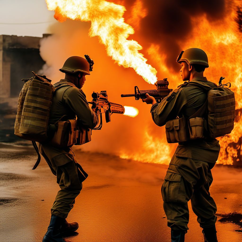 Military operations involving flamethrower, civilian digital illustration