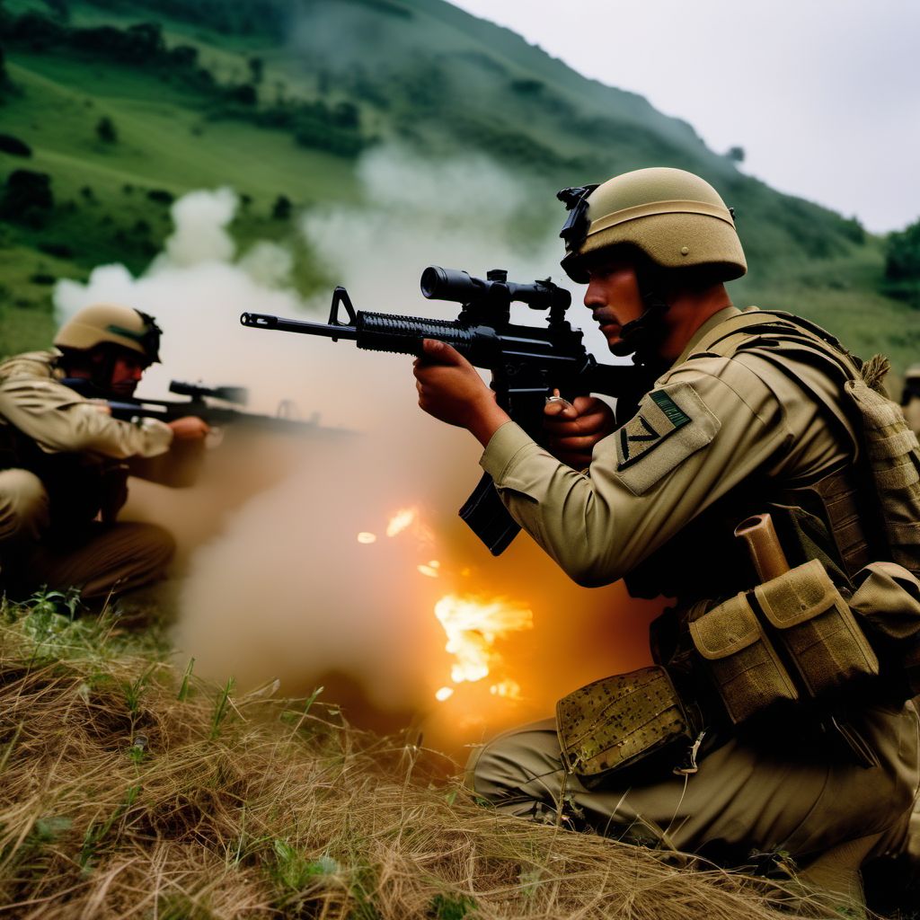 Military operations involving combat using blunt or piercing object, military personnel digital illustration